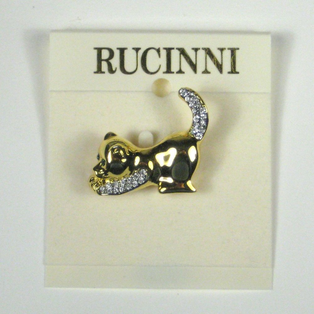 NEW Rucinni Cat Jewelry Brooch Pin 1.25 In Goldtone Womens Rhinestones